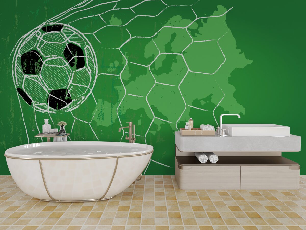 Papier peint silhouette d'un ballon de football et d'un filet se détachant sur un fond vert