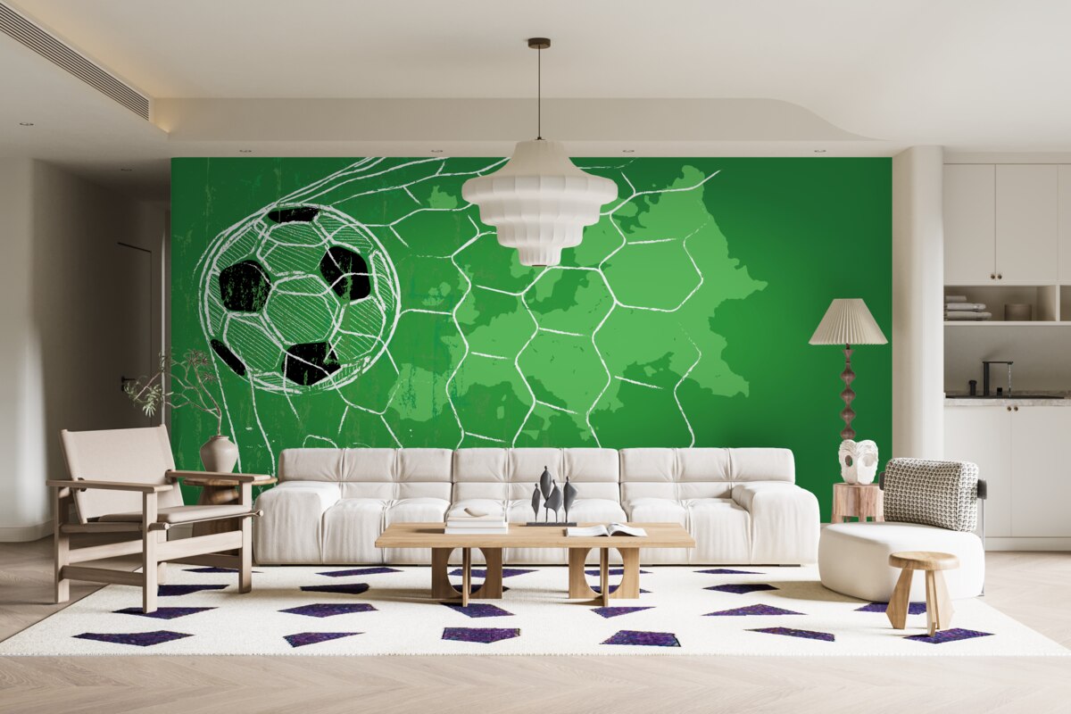 Papier peint silhouette d'un ballon de football et d'un filet se détachant sur un fond vert