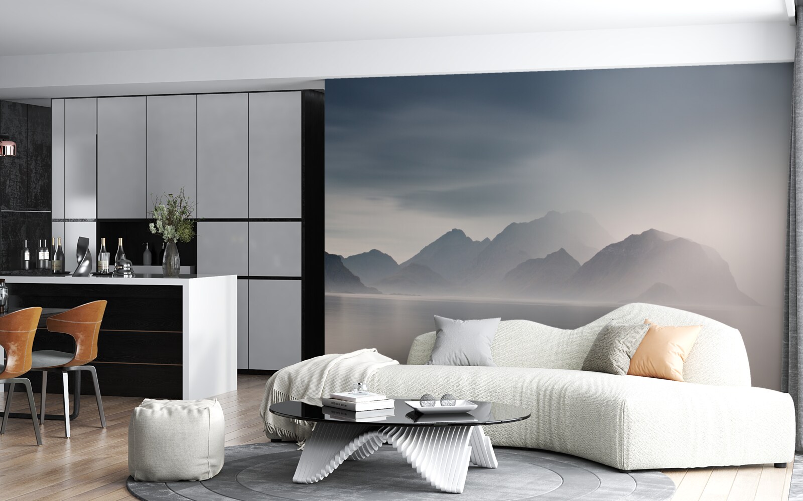 Papier peint un brouillard épais descend dans les eaux menant aux montagnes