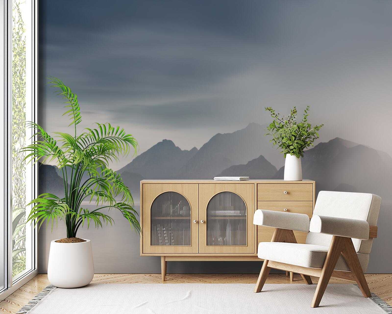 Papier peint un brouillard épais descend dans les eaux menant aux montagnes