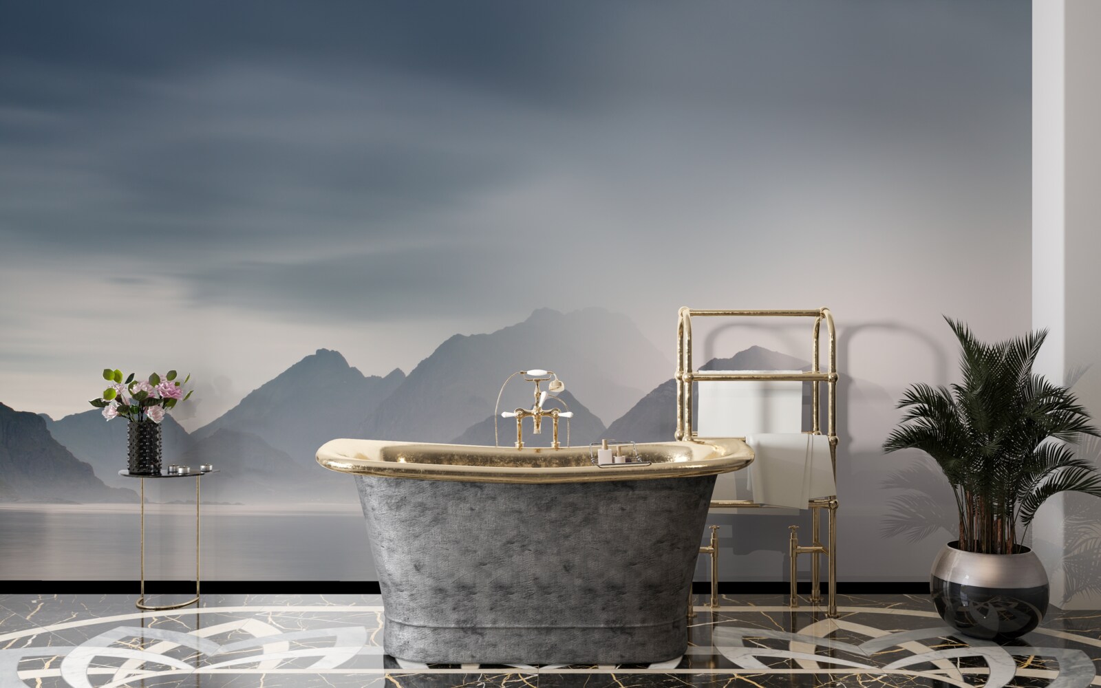 Papier peint un brouillard épais descend dans les eaux menant aux montagnes