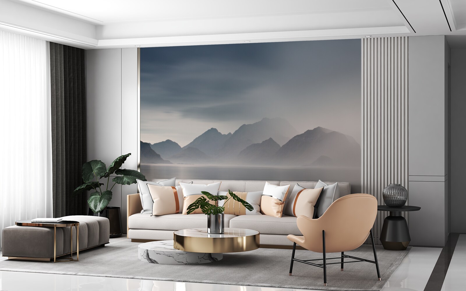 Papier peint un brouillard épais descend dans les eaux menant aux montagnes