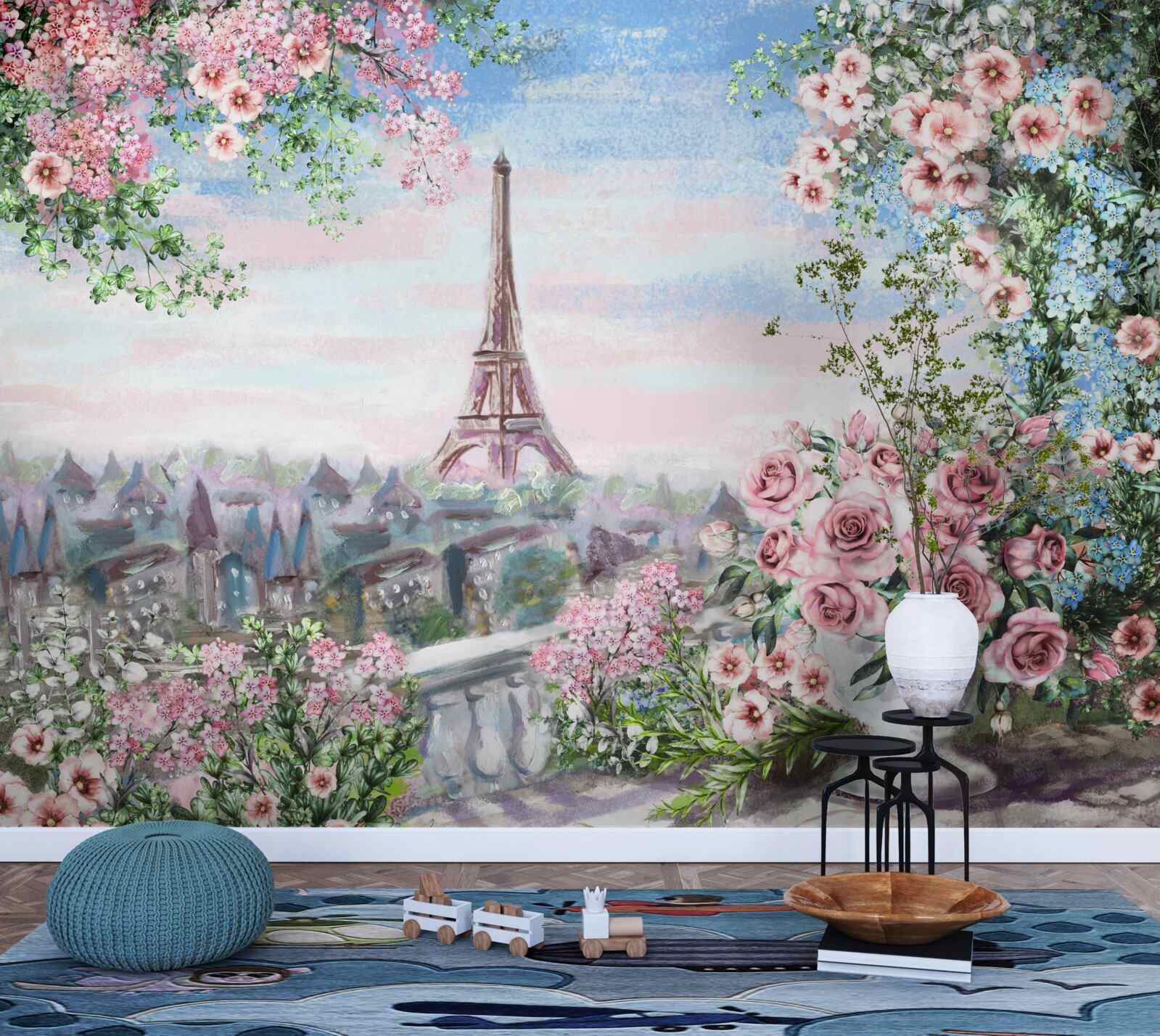 Papier peint fleurs roses dans un jardin en face de la tour eiffel