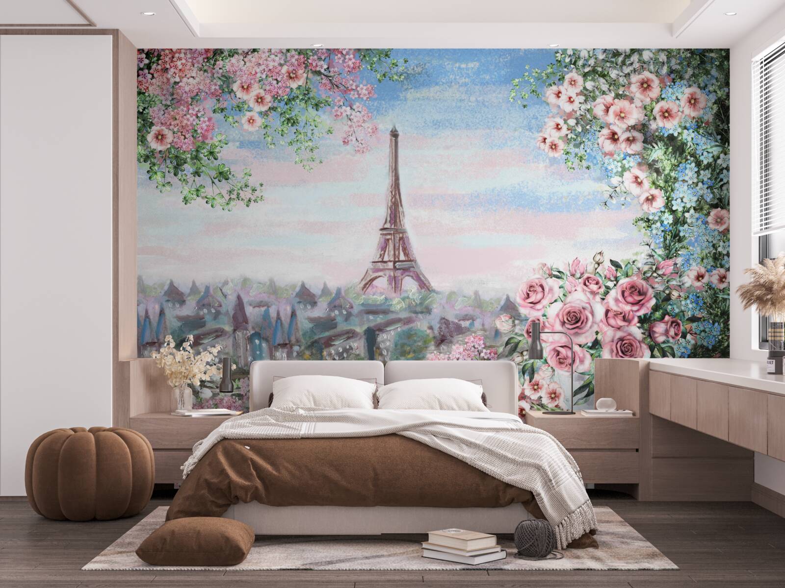 Papier peint fleurs roses dans un jardin en face de la tour eiffel
