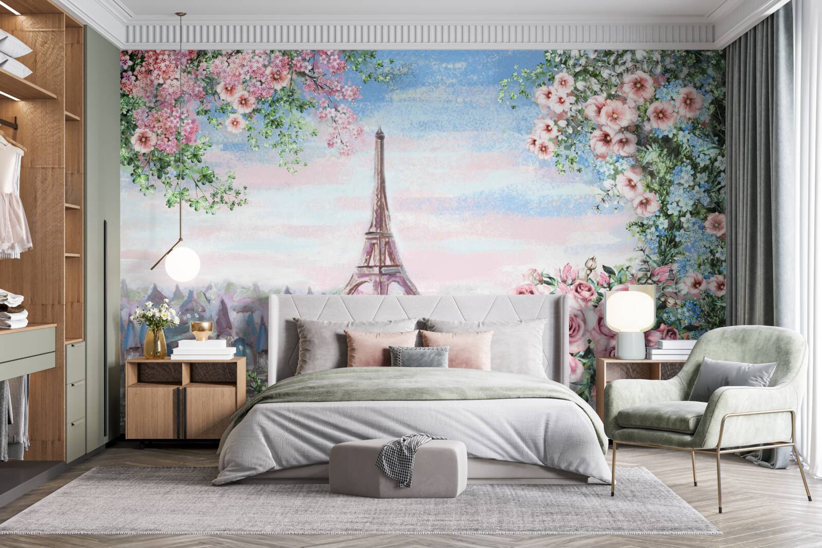 Papier peint fleurs roses dans un jardin en face de la tour eiffel