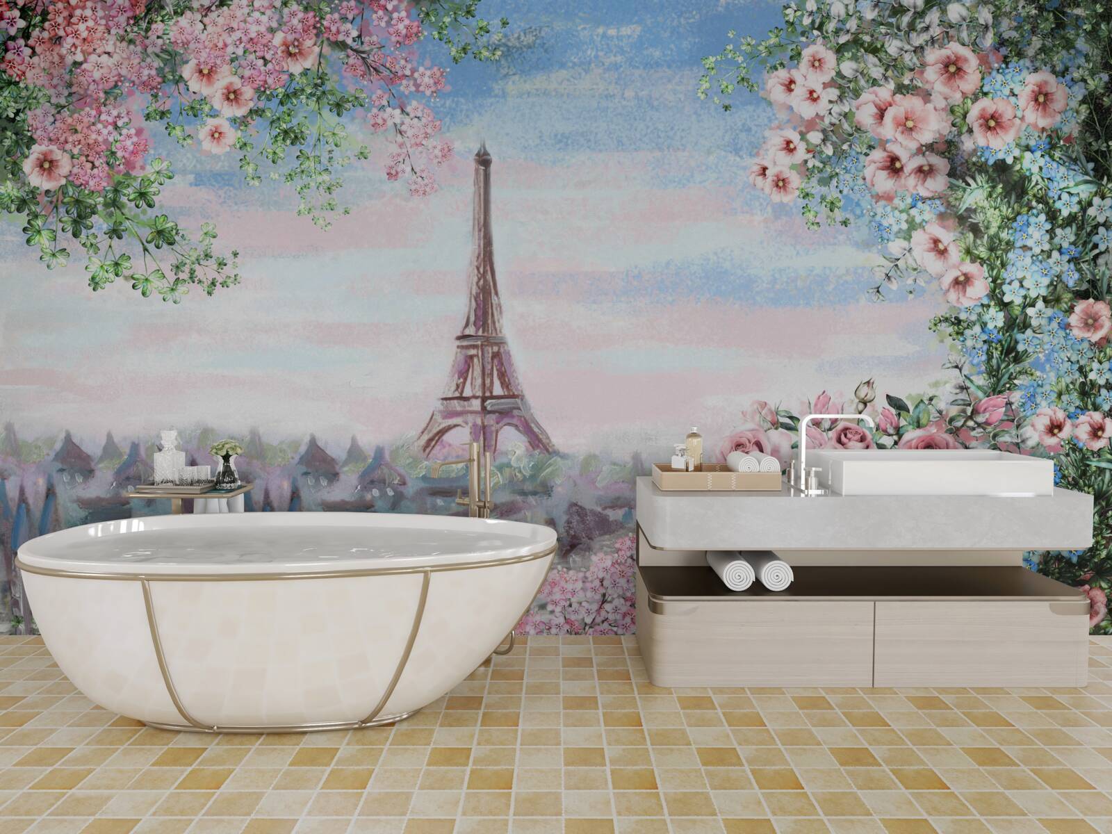 Papier peint fleurs roses dans un jardin en face de la tour eiffel