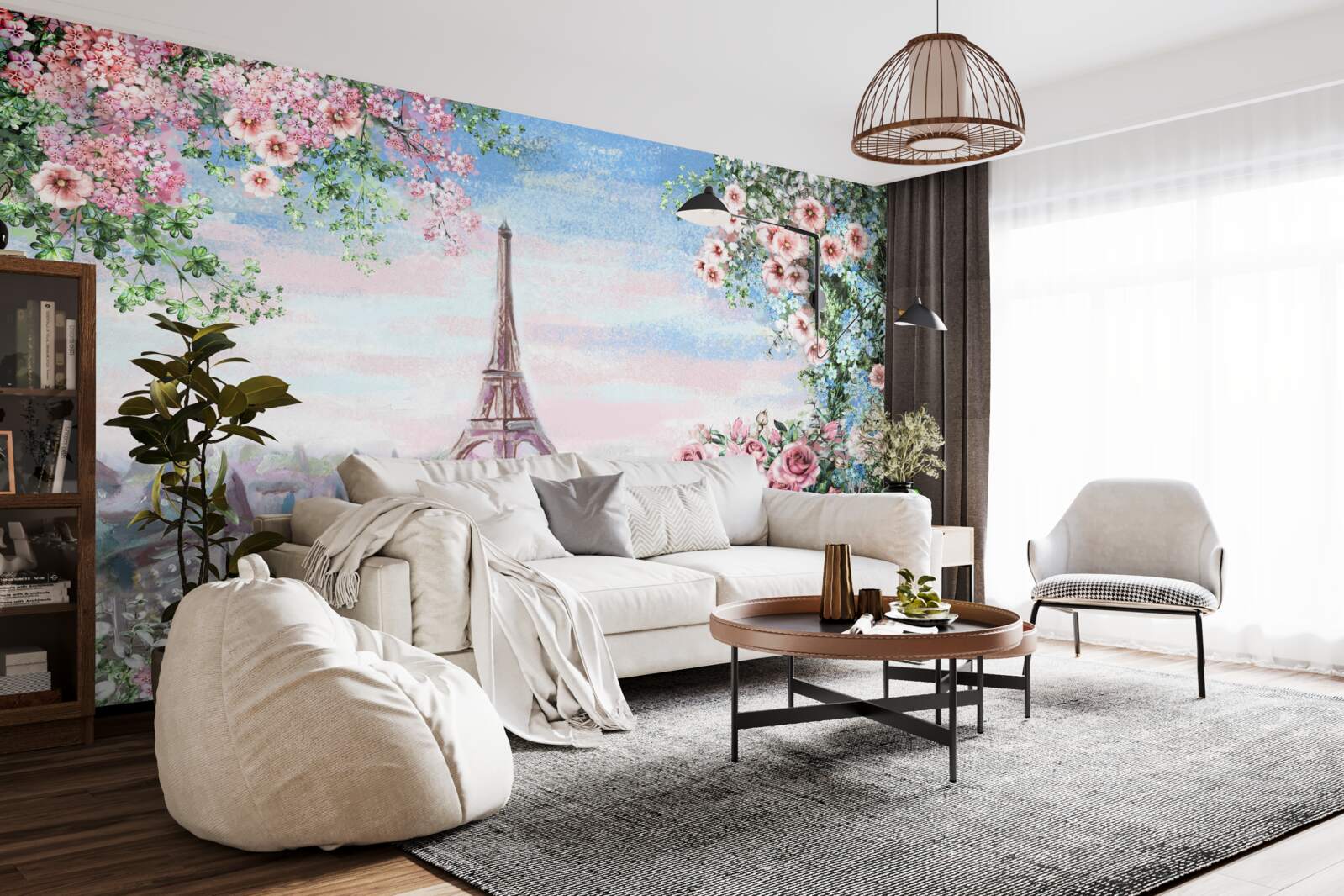 Papier peint fleurs roses dans un jardin en face de la tour eiffel