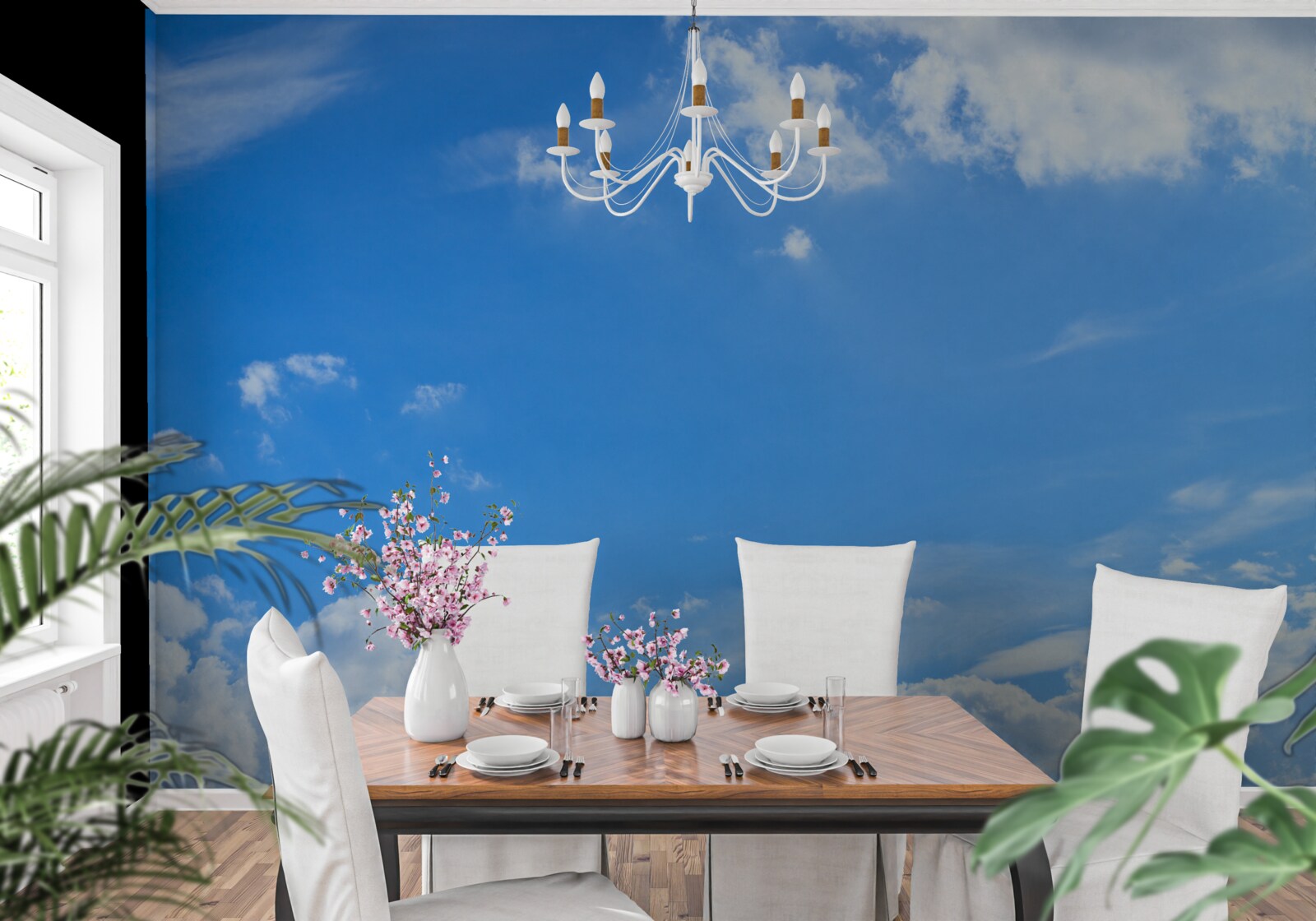 Papier peint bleu céleste avec des nuages blancs comme neige