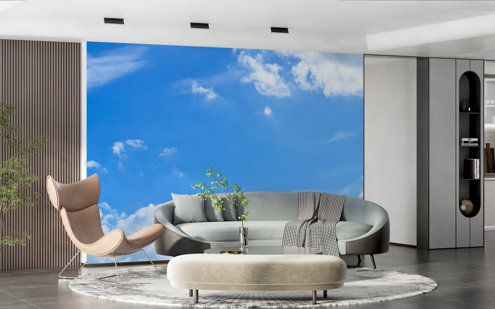 Papier peint bleu céleste avec des nuages blancs comme neige