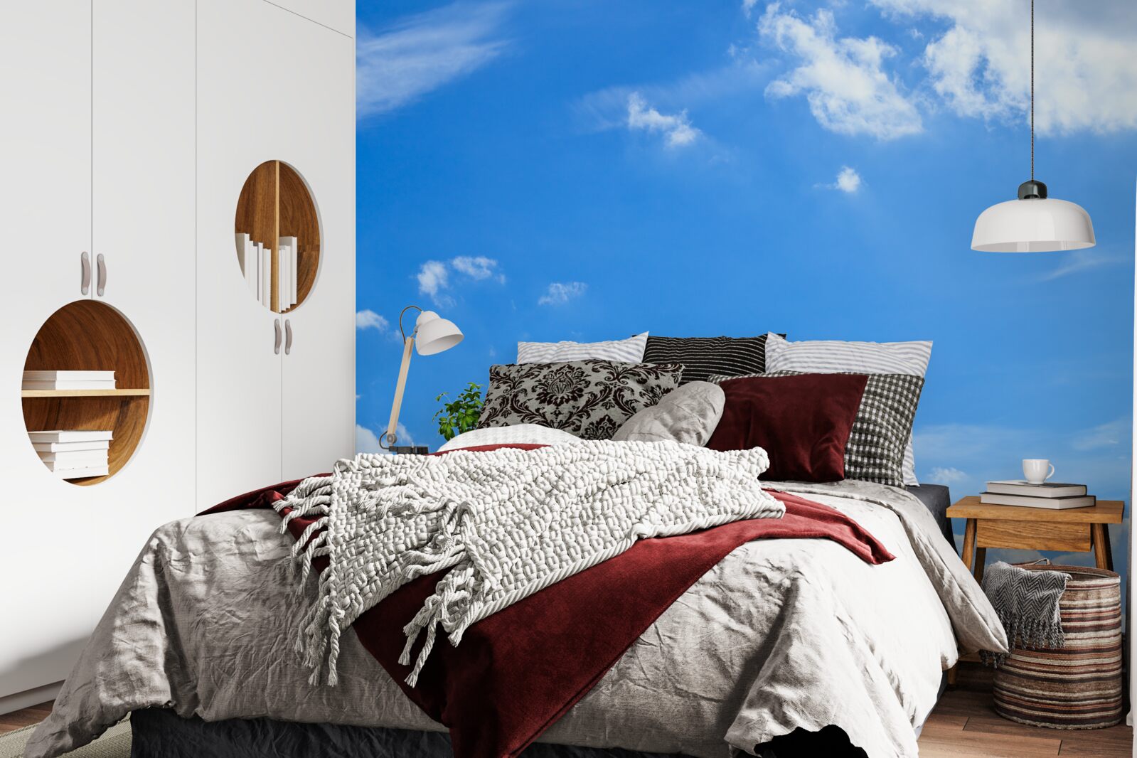 Papier peint bleu céleste avec des nuages blancs comme neige