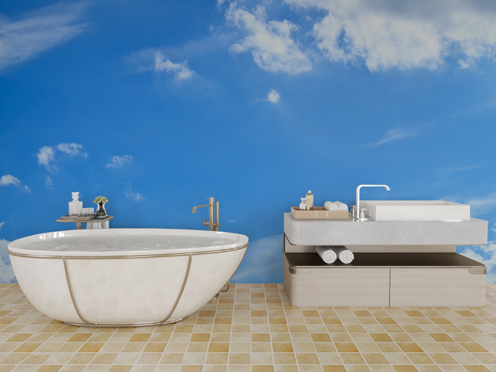 Papier peint bleu céleste avec des nuages blancs comme neige