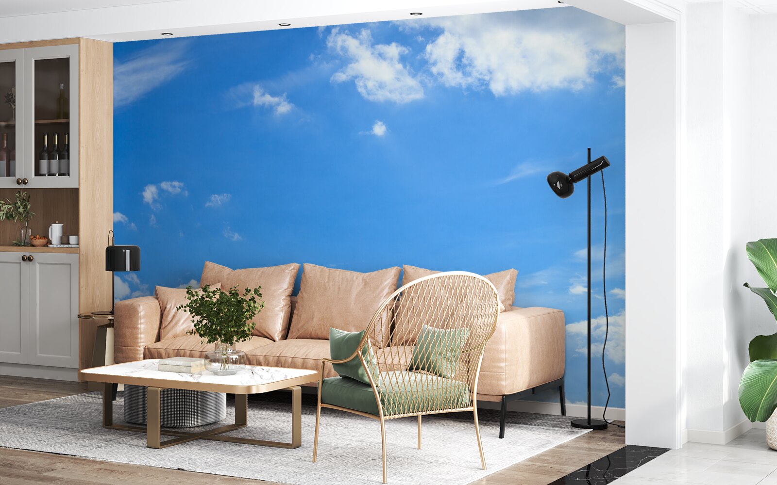 Papier peint bleu céleste avec des nuages blancs comme neige