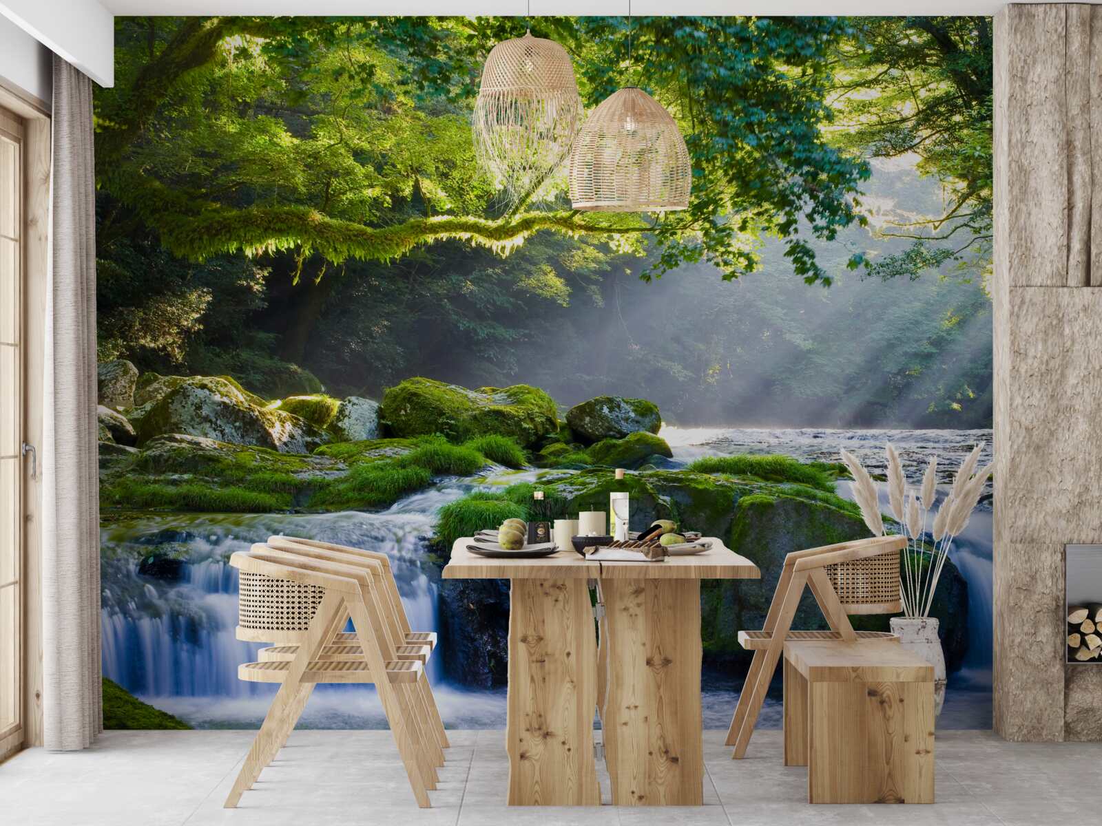 Papier peint les rayons du soleil atteignent la cascade de la forêt