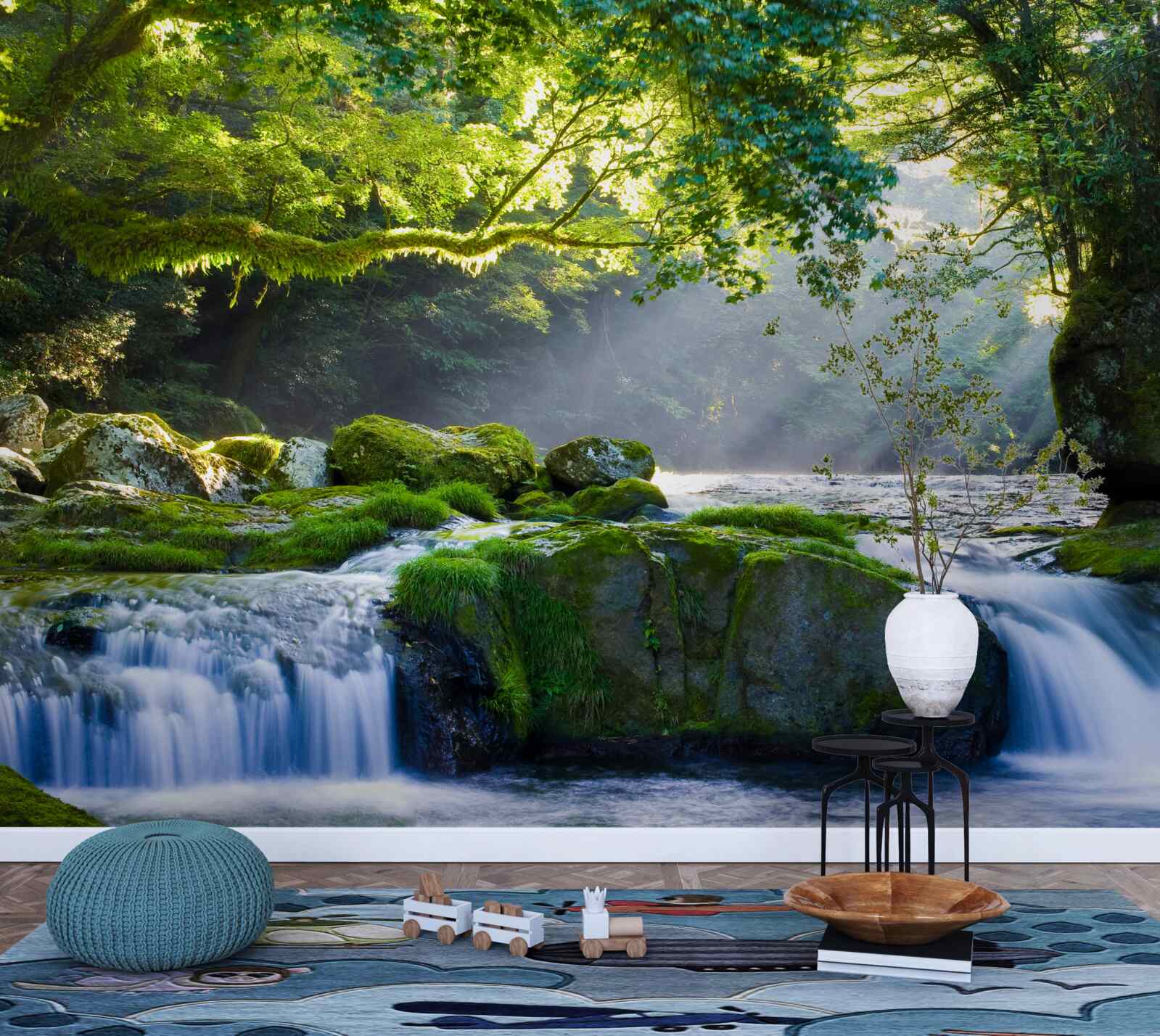 Papier peint les rayons du soleil atteignent la cascade de la forêt