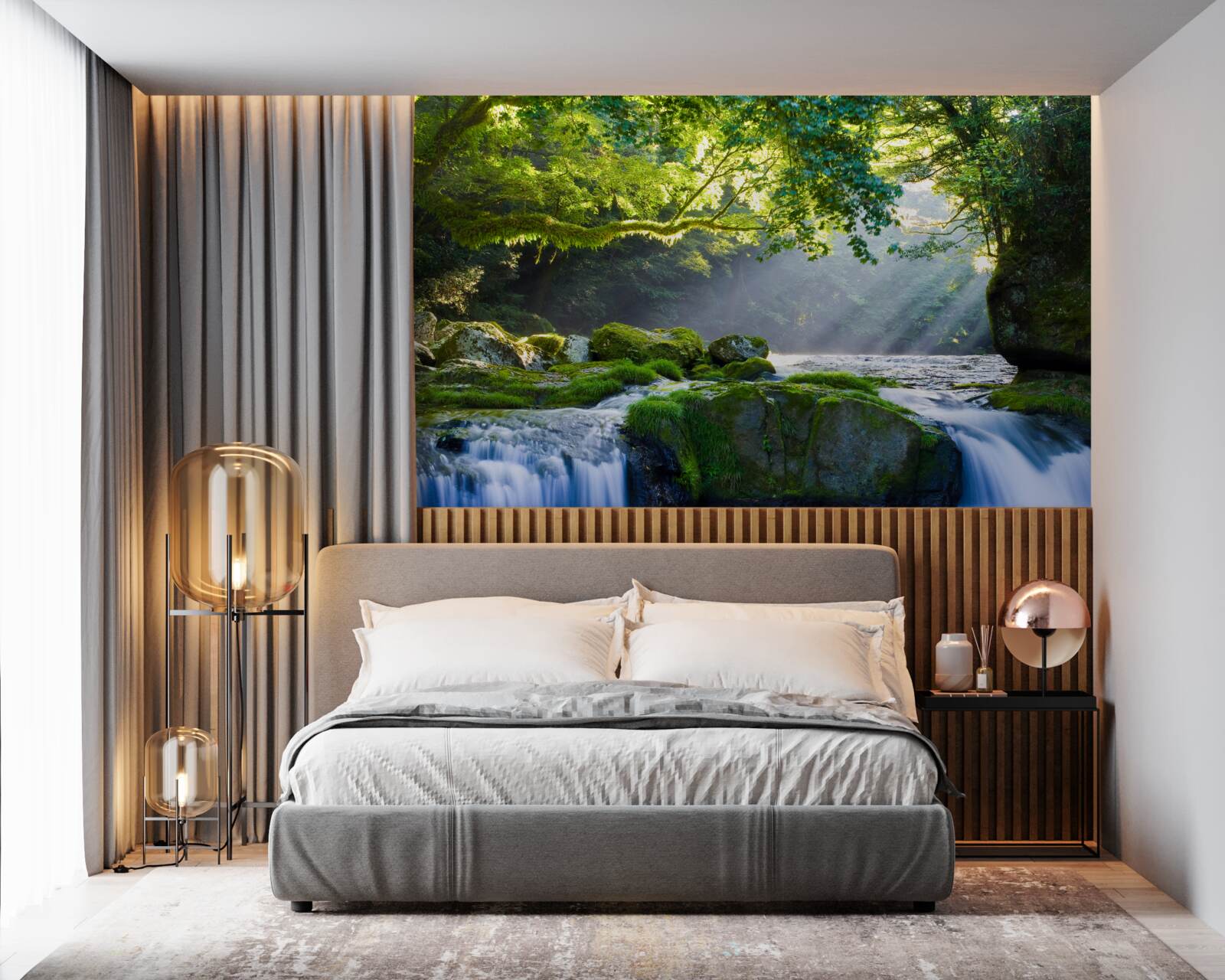 Papier peint les rayons du soleil atteignent la cascade de la forêt