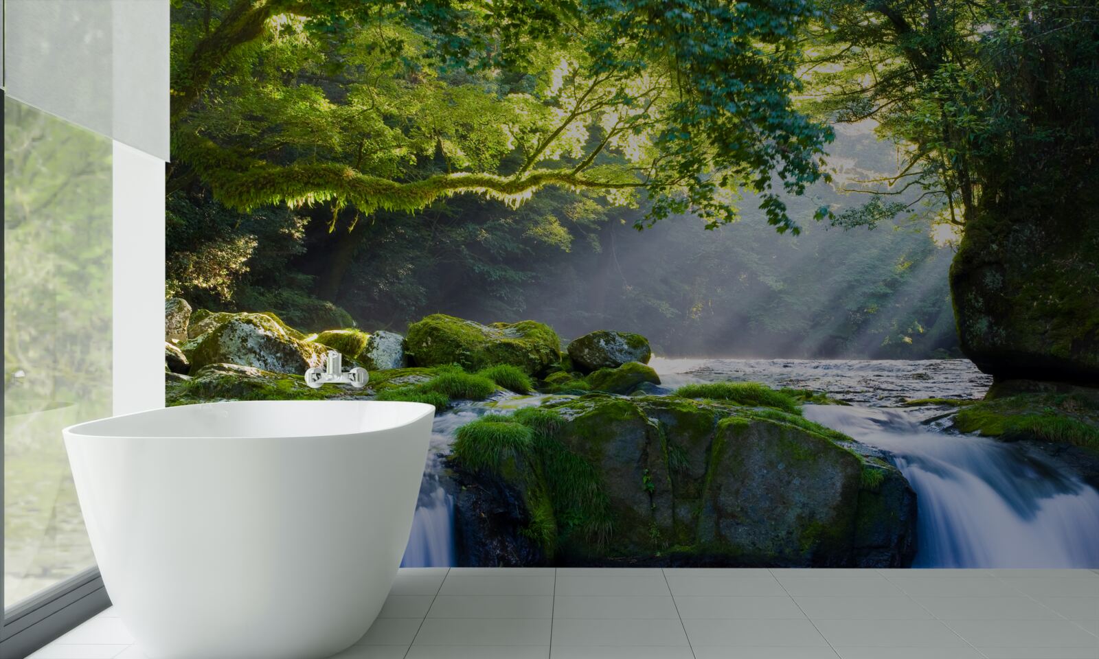 Papier peint les rayons du soleil atteignent la cascade de la forêt