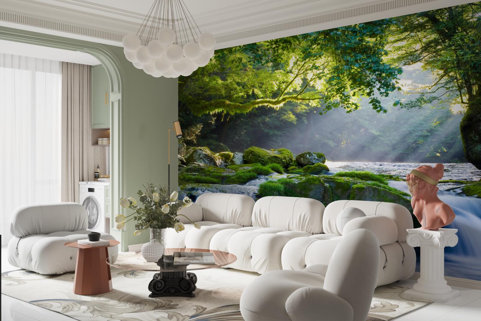 Papier peint les rayons du soleil atteignent la cascade de la forêt