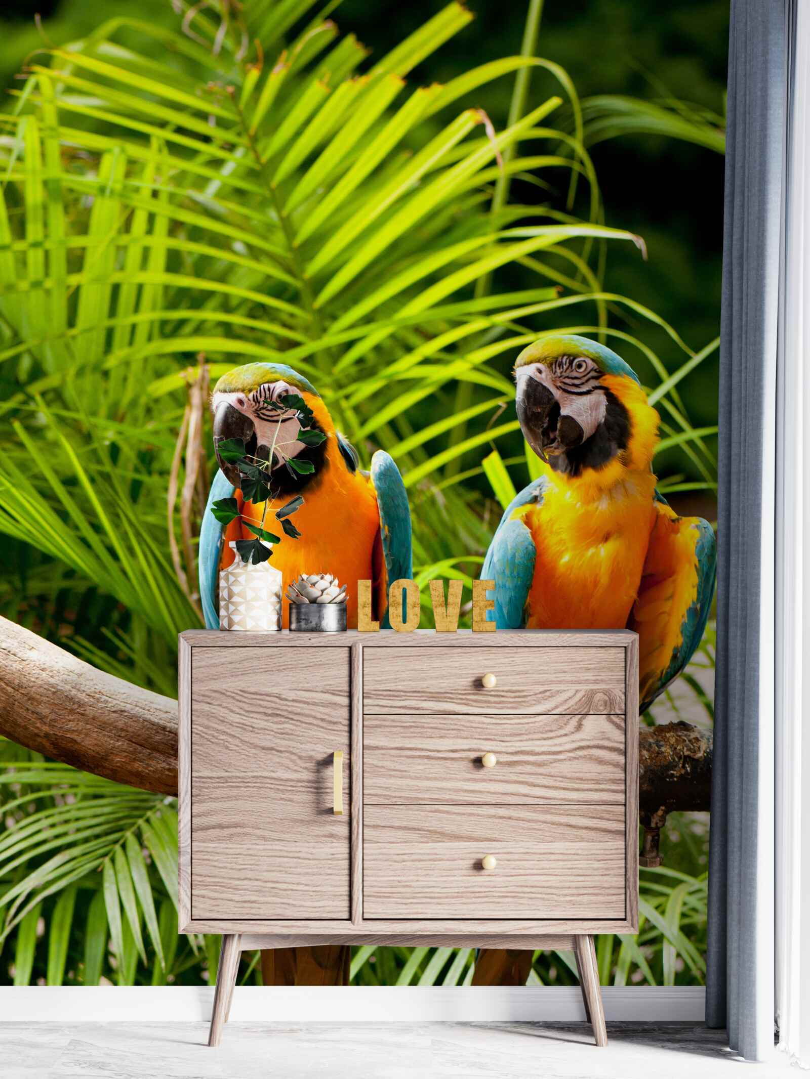 Papier peint deux ares assis sur des branches de palmier