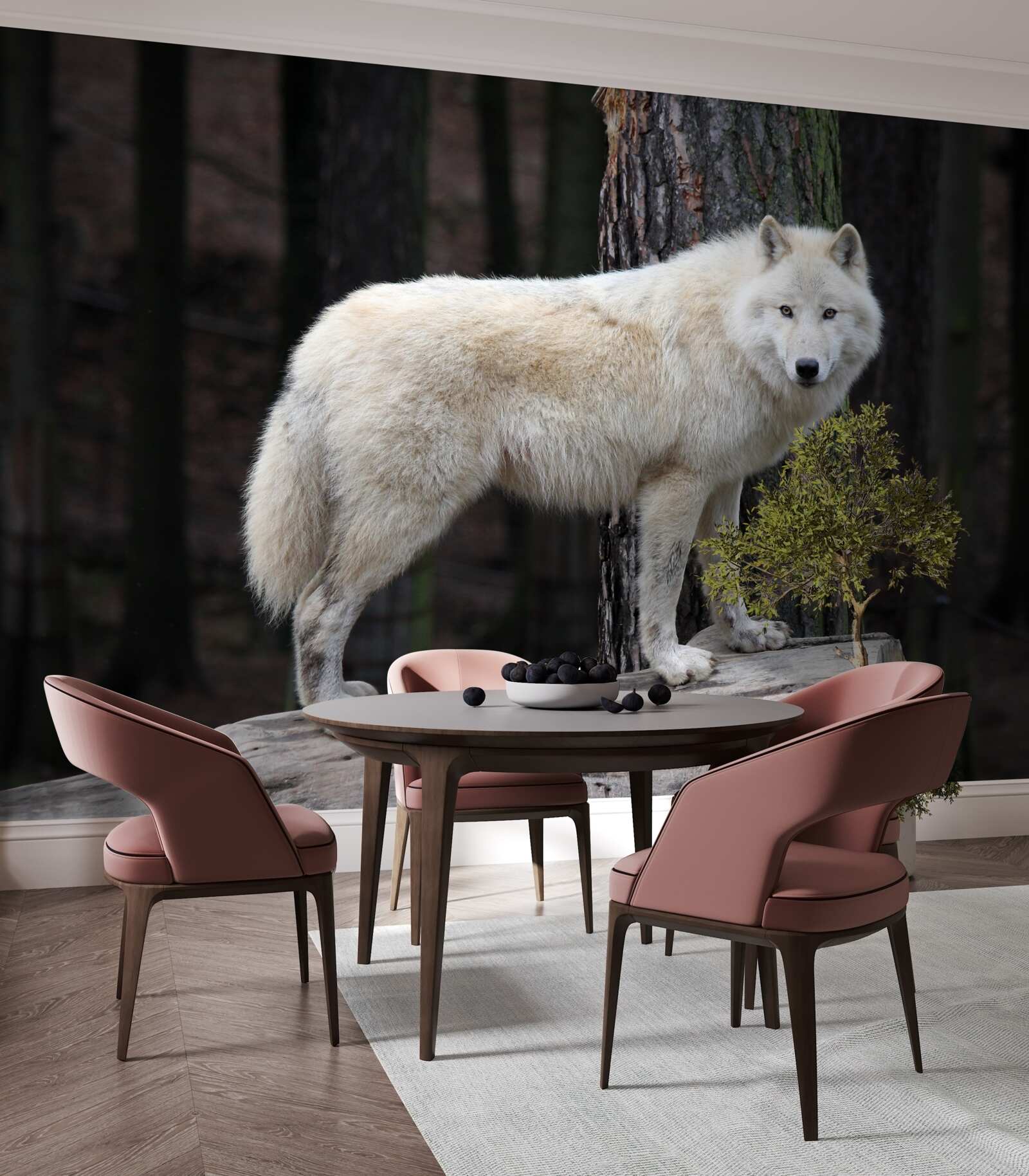 Papier peint loup gris sur un rondin de bois