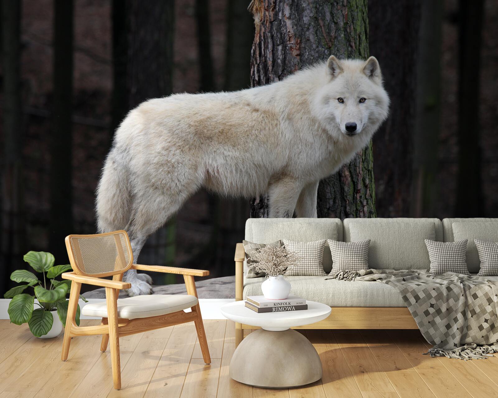 Papier peint loup gris sur un rondin de bois