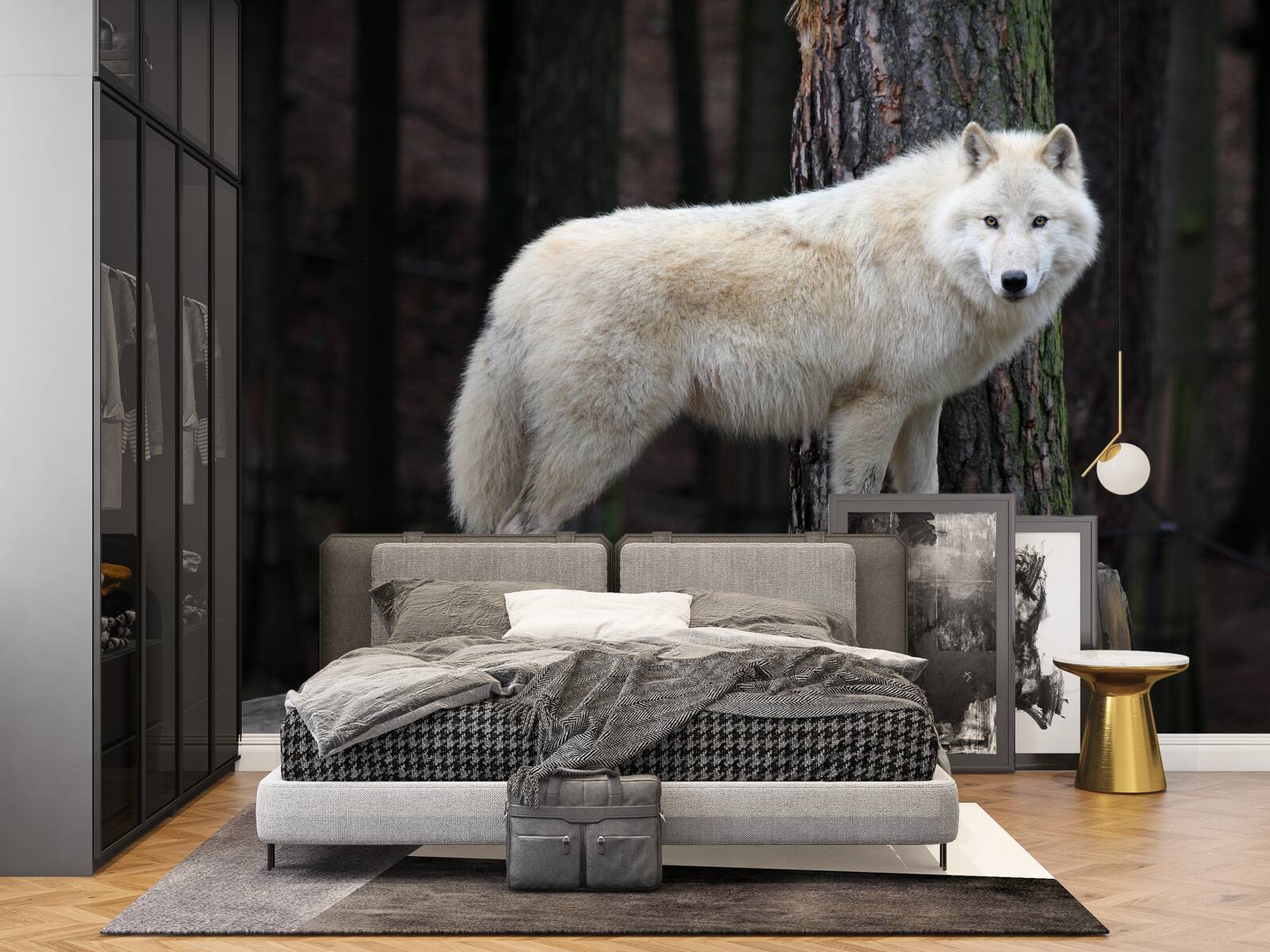 Papier peint loup gris sur un rondin de bois