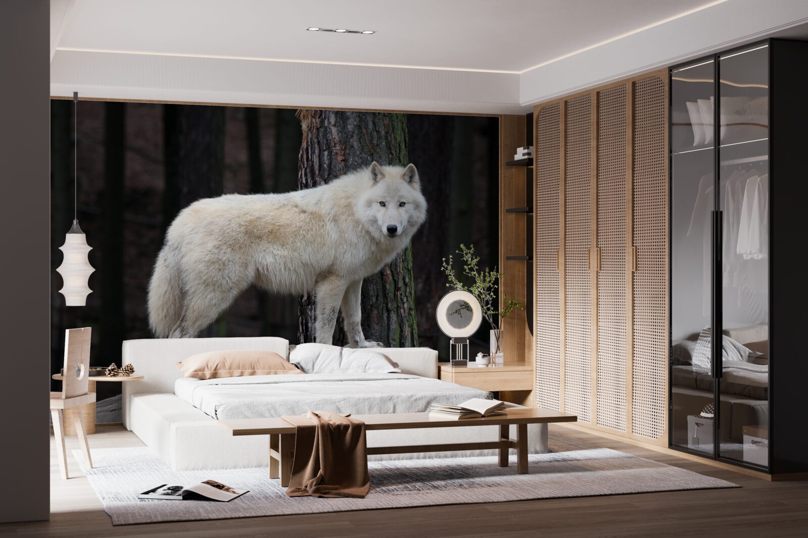 Papier peint loup gris sur un rondin de bois