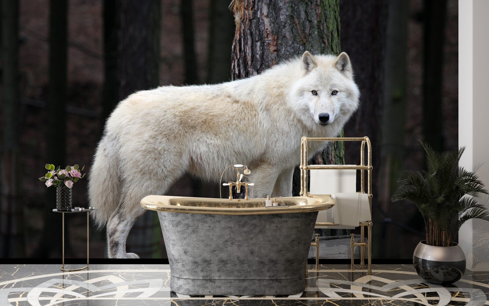 Papier peint loup gris sur un rondin de bois