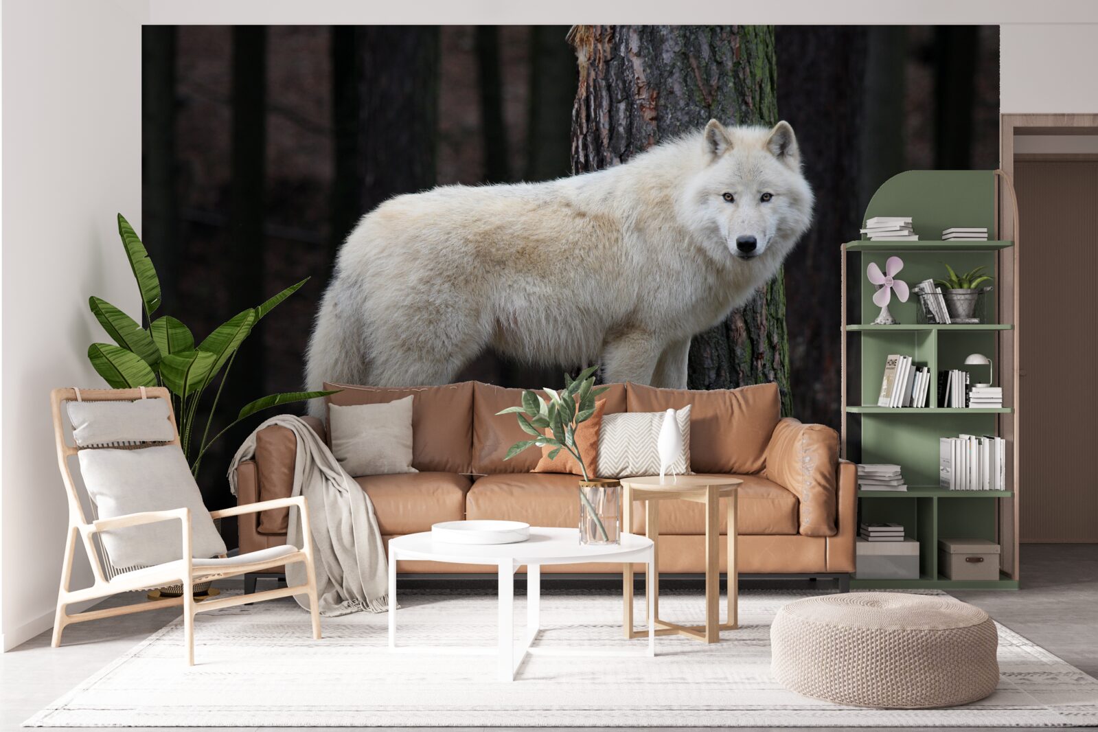 Papier peint loup gris sur un rondin de bois