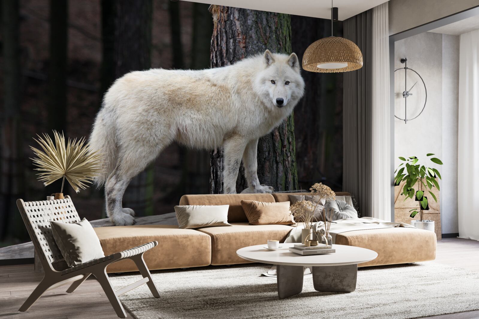 Papier peint loup gris sur un rondin de bois