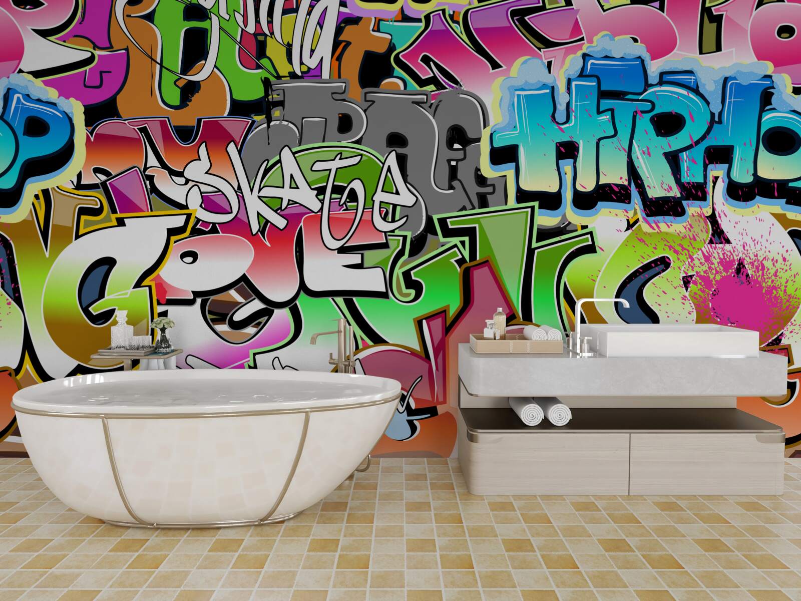 Papier peint graffiti accrocheur avec des lettres lumineuses