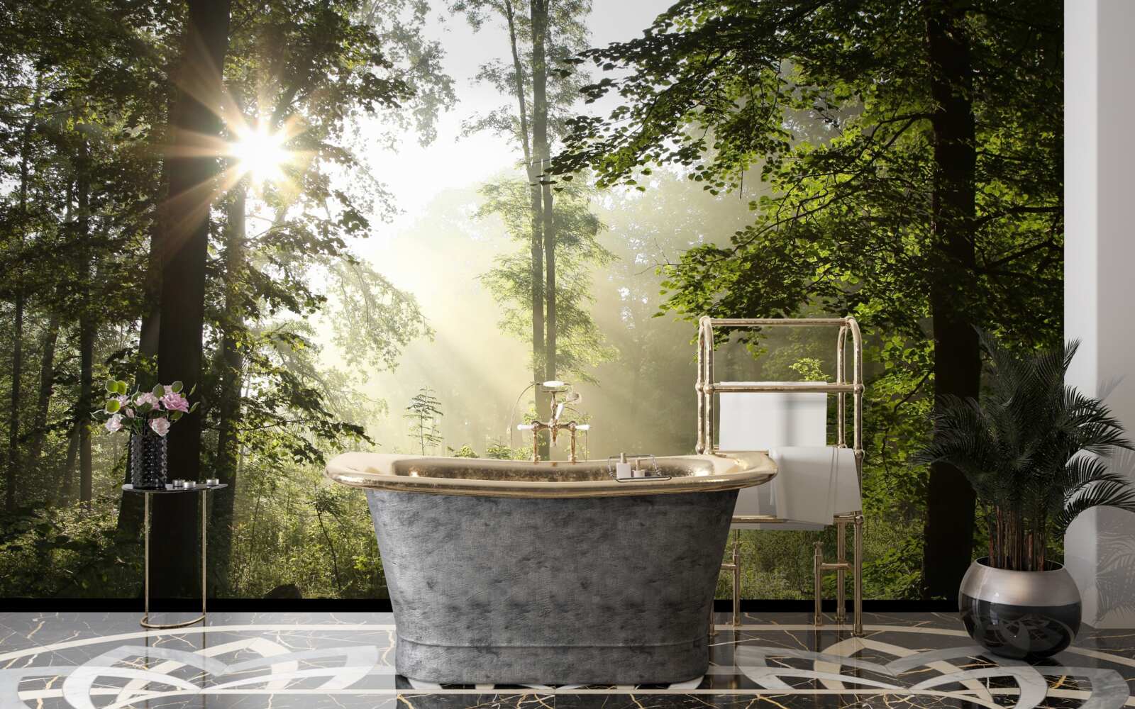 Papier peint les rayons du soleil chassent le froid nocturne des arbres