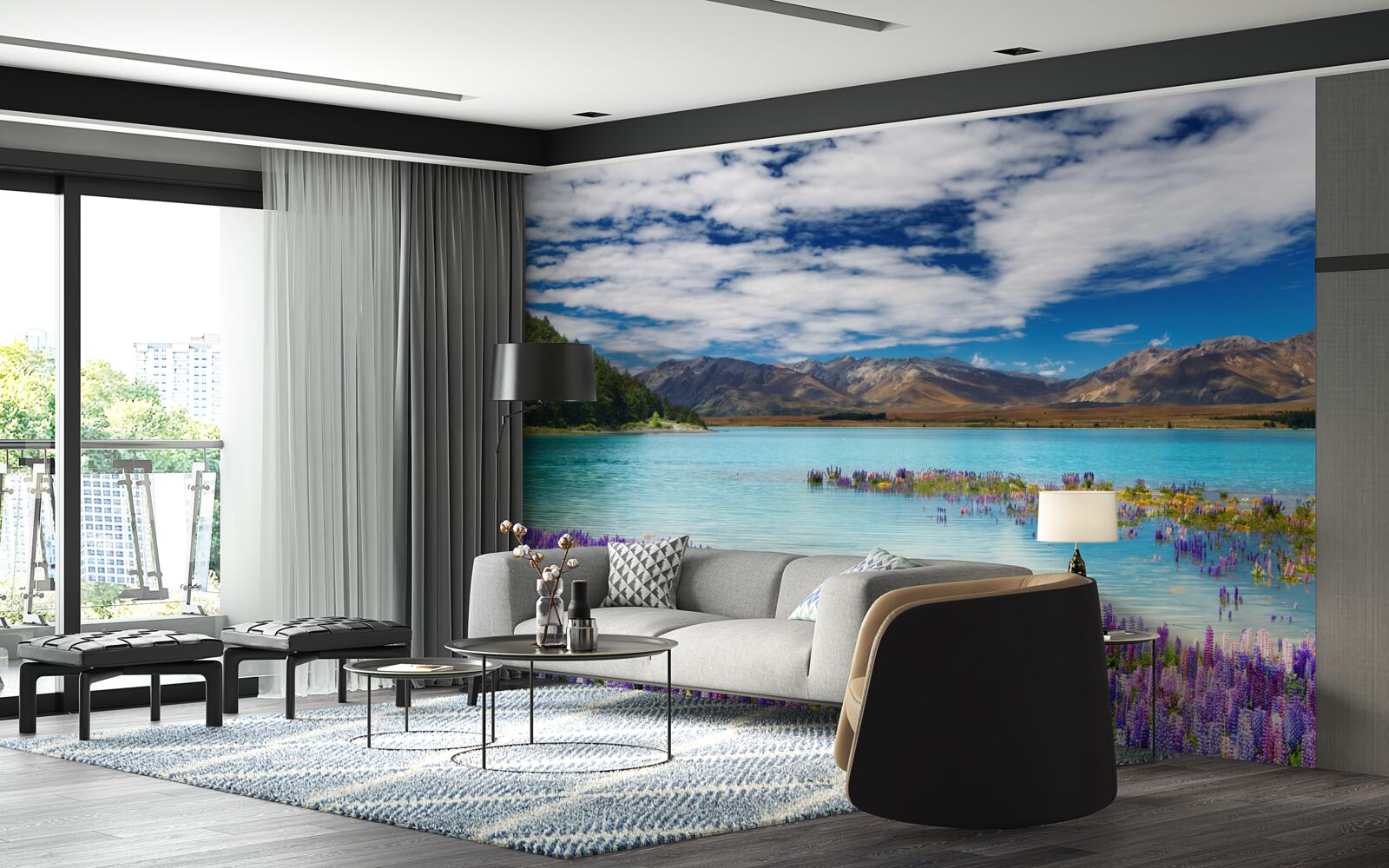 Papier peint les fleurs se reflètent dans l'eau cristalline d'un lac de montagne