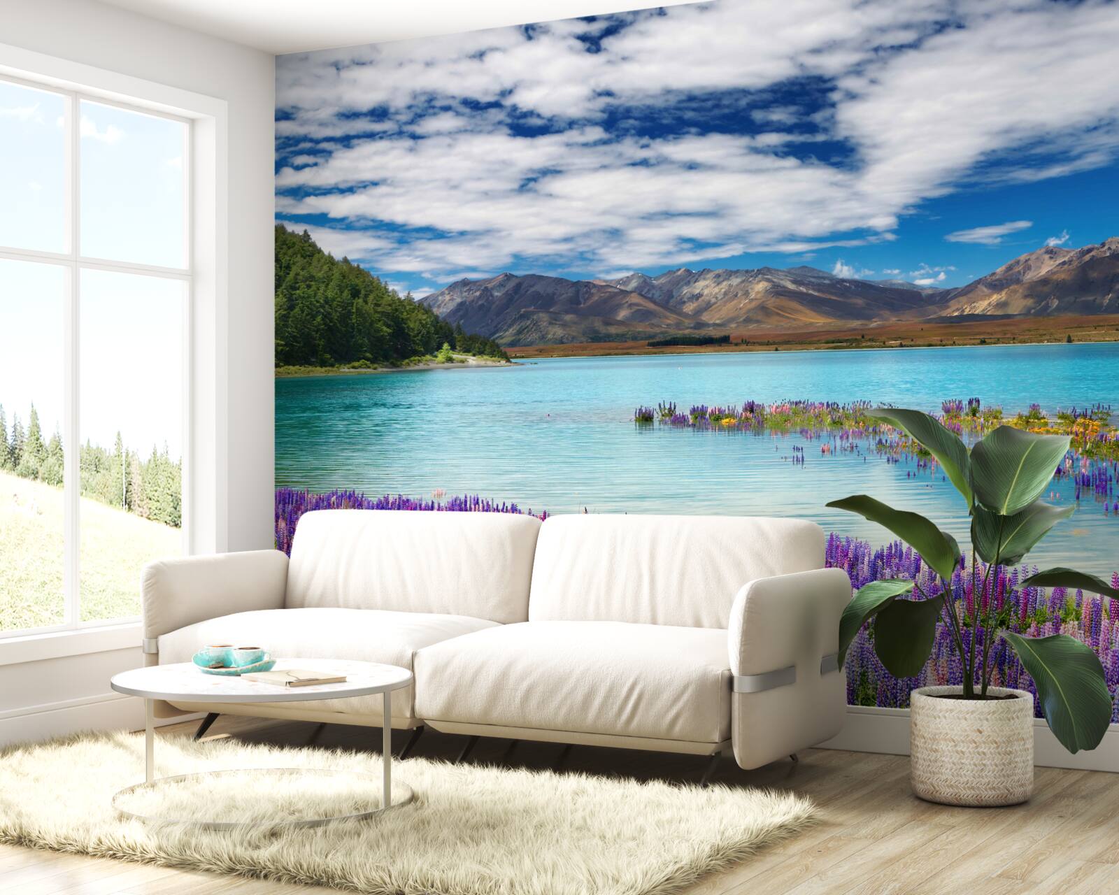 Papier peint les fleurs se reflètent dans l'eau cristalline d'un lac de montagne