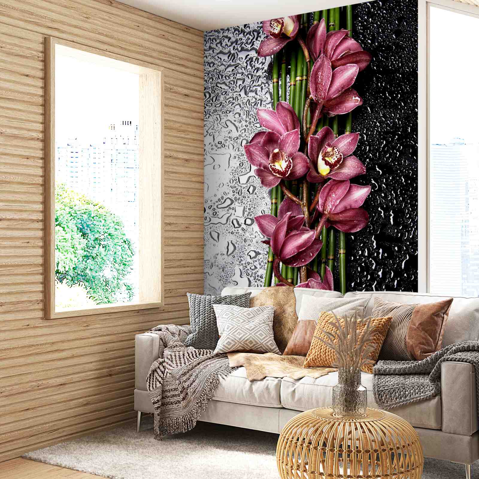 Papier peint le sol mouillé est décoré de brins de fleurs délicates