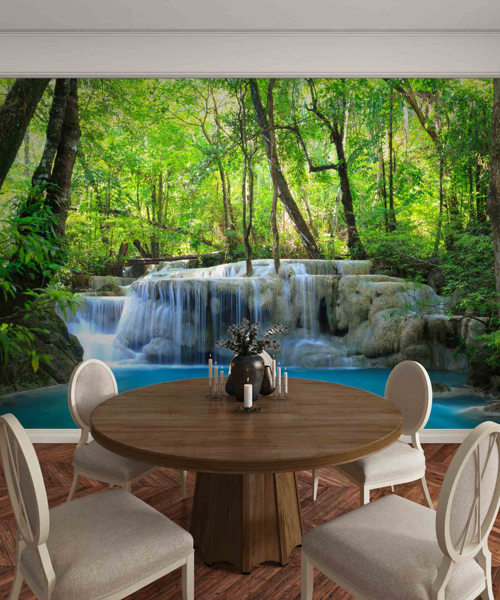 Papier peint une forêt verdoyante cache une cascade