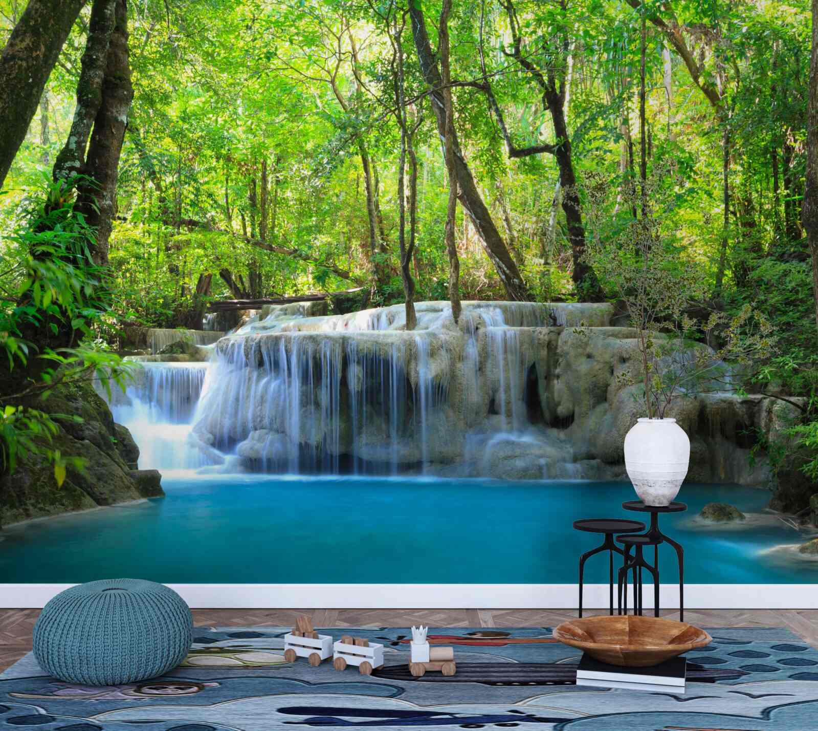 Papier peint une forêt verdoyante cache une cascade