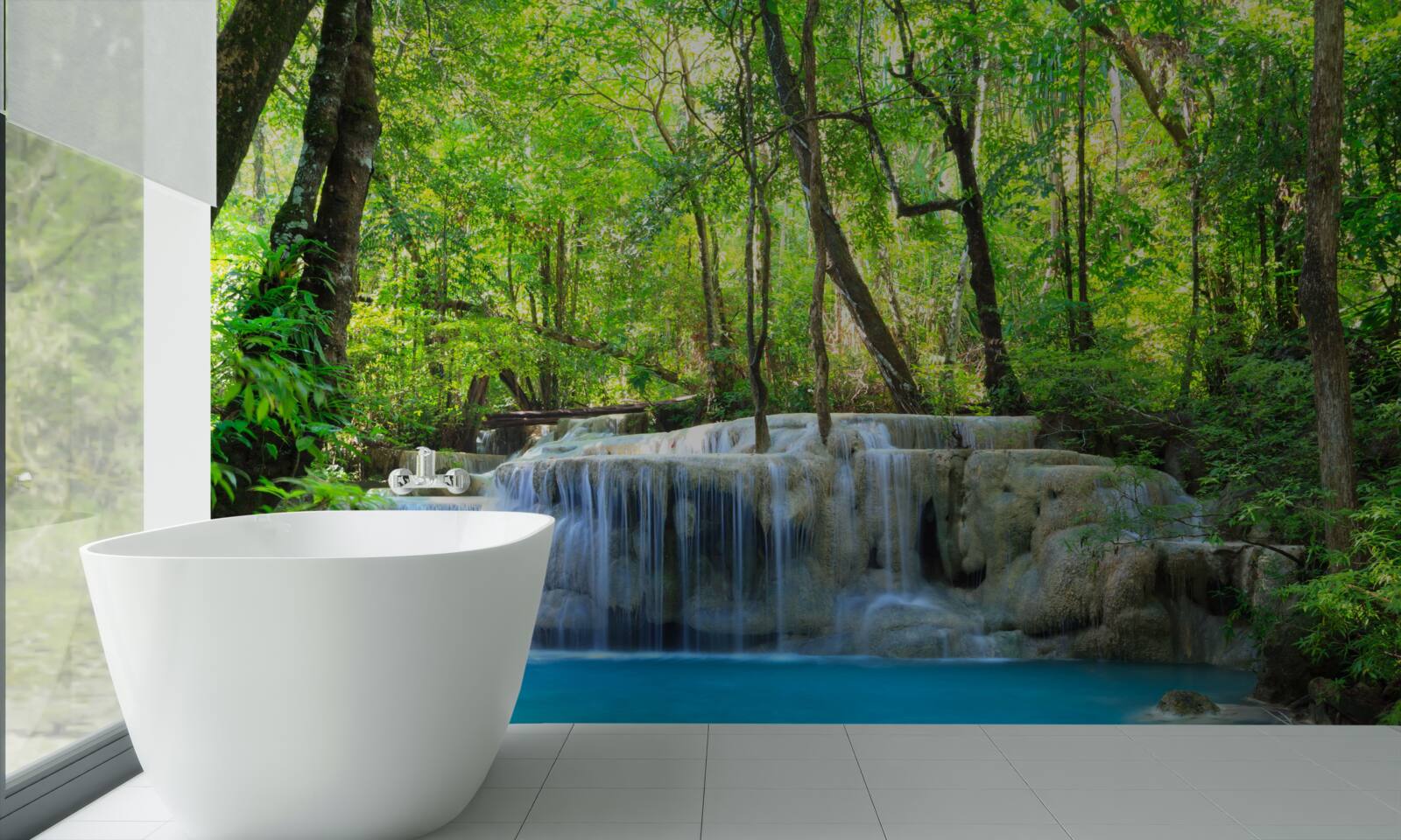 Papier peint une forêt verdoyante cache une cascade