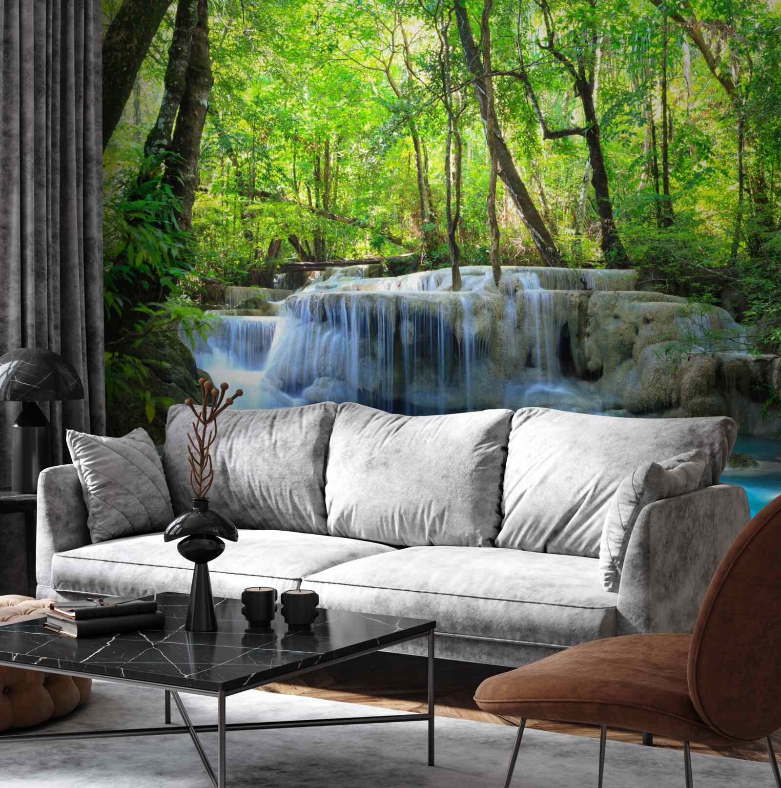 Papier peint une forêt verdoyante cache une cascade