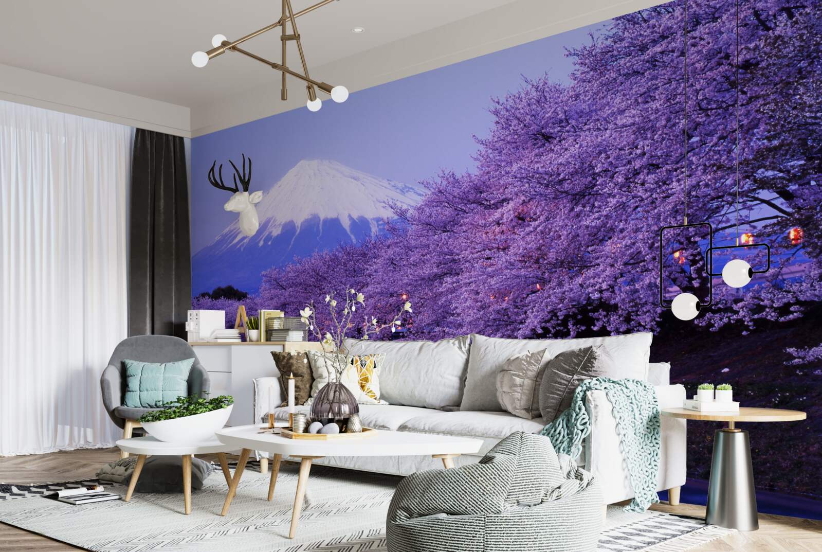 Papier peint les fleurs de lilas au pied de la montagne poussent près de l'eau