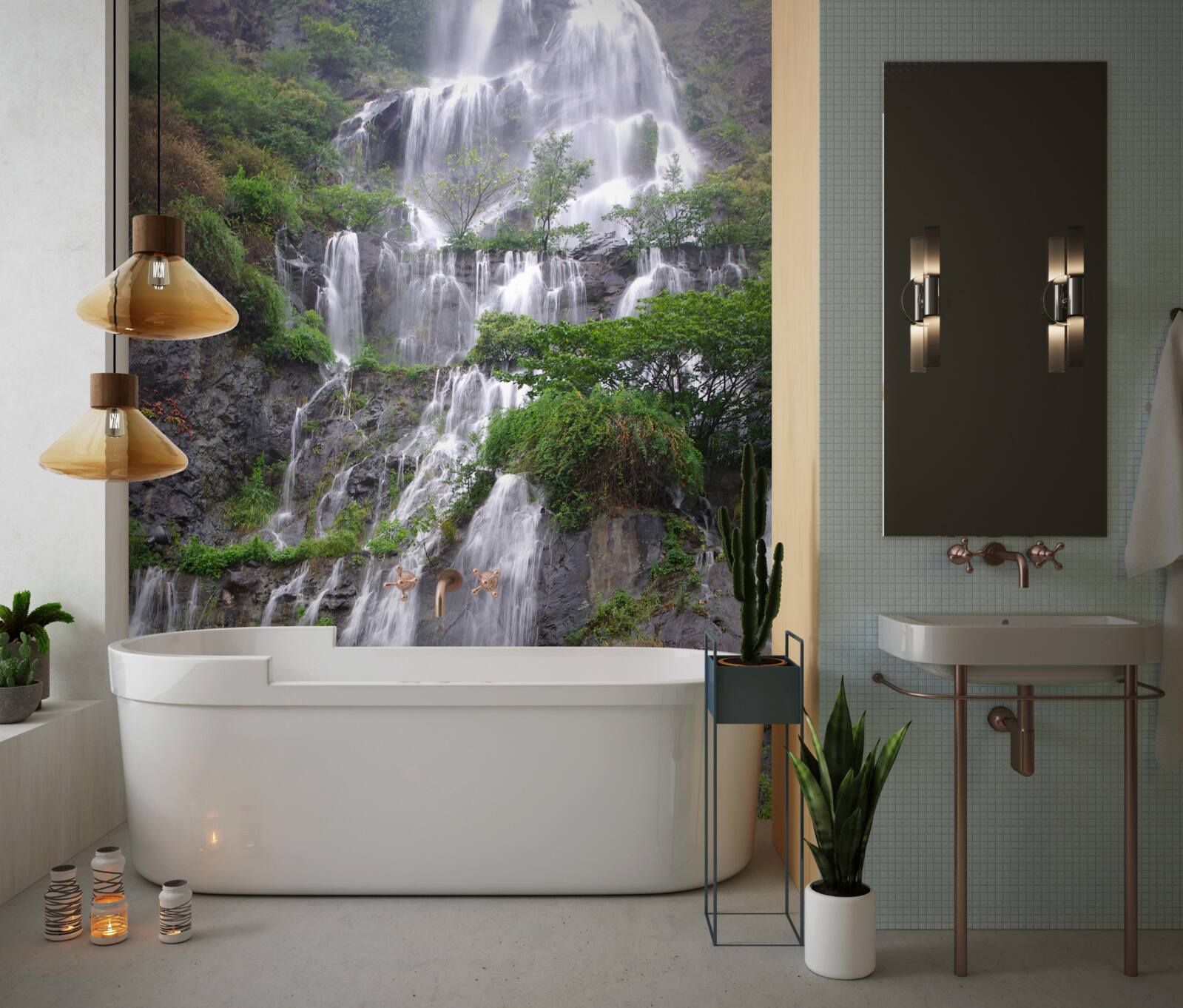 Papier peint chute d'eau spectaculaire en montagne avec cascades