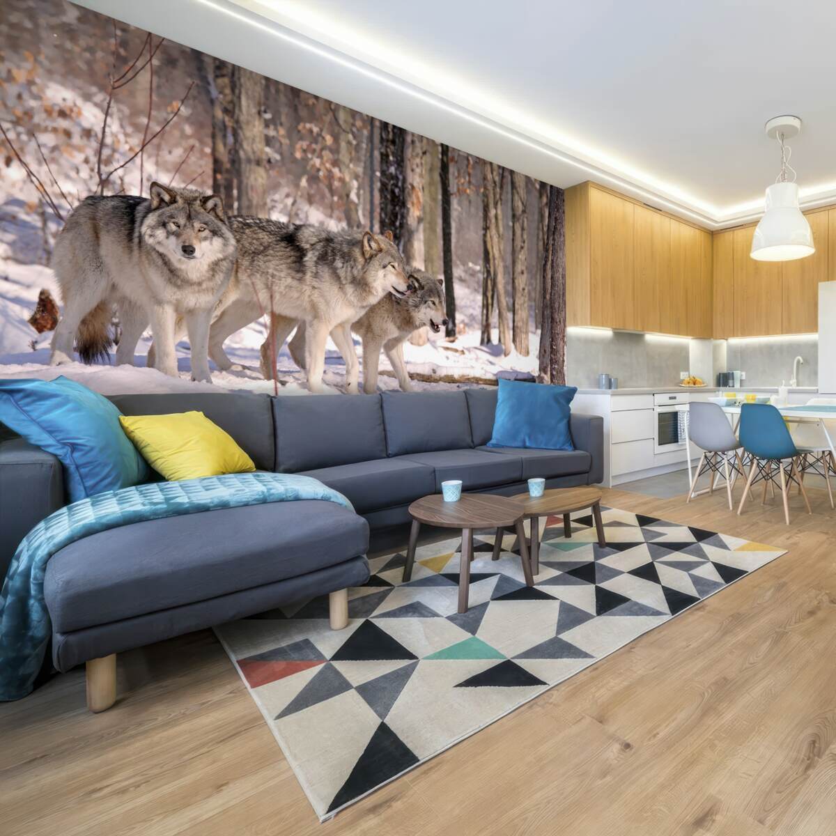 Papier peint un groupe de loups se promène dans un bosquet de la forêt d'hiver