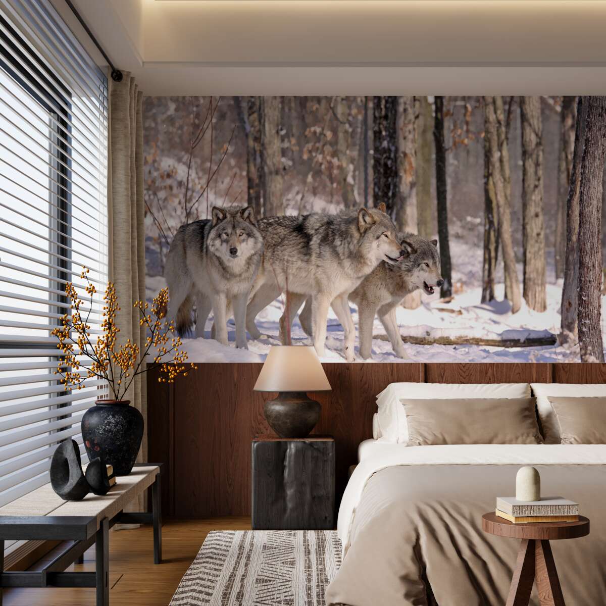 Papier peint un groupe de loups se promène dans un bosquet de la forêt d'hiver