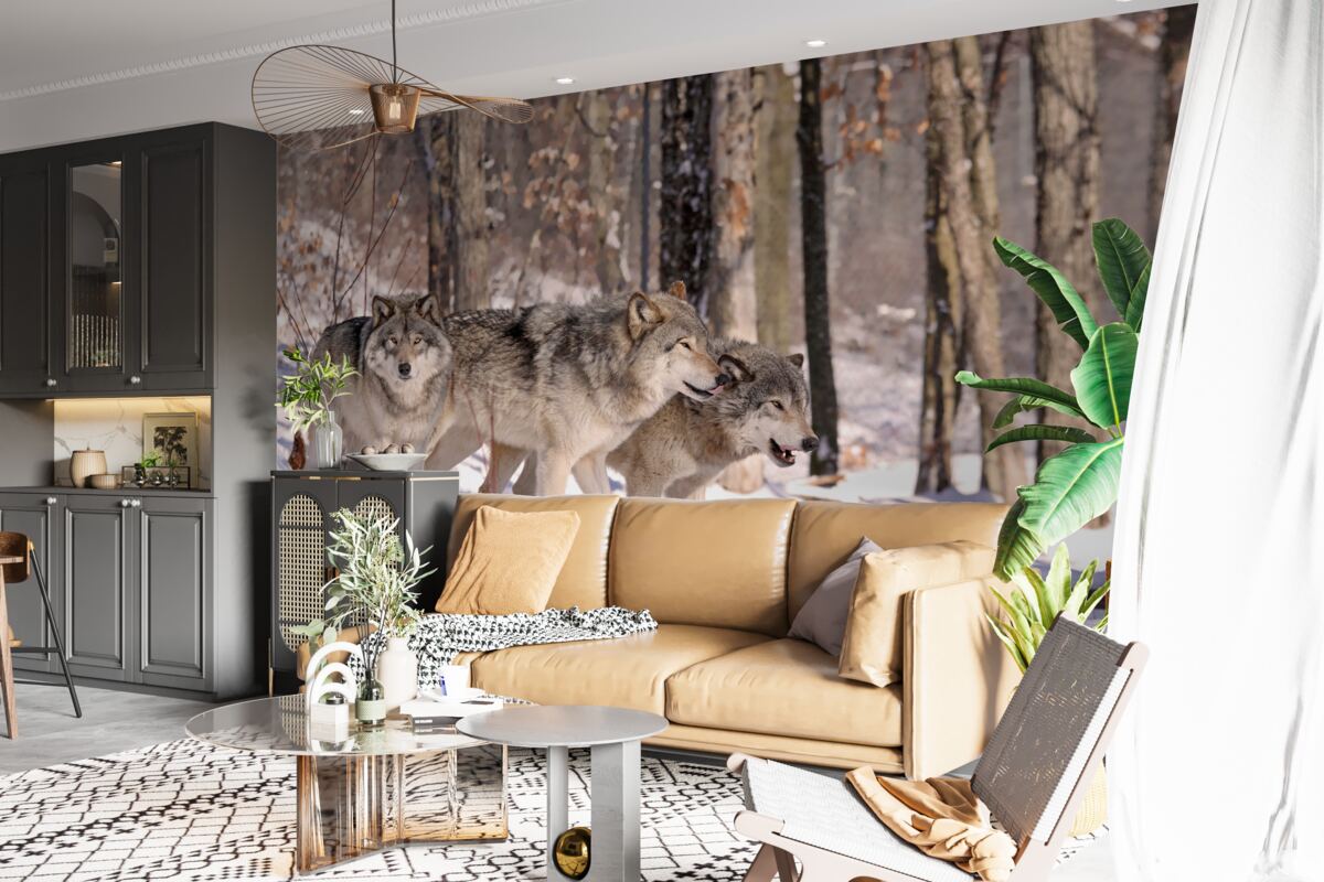 Papier peint un groupe de loups se promène dans un bosquet de la forêt d'hiver