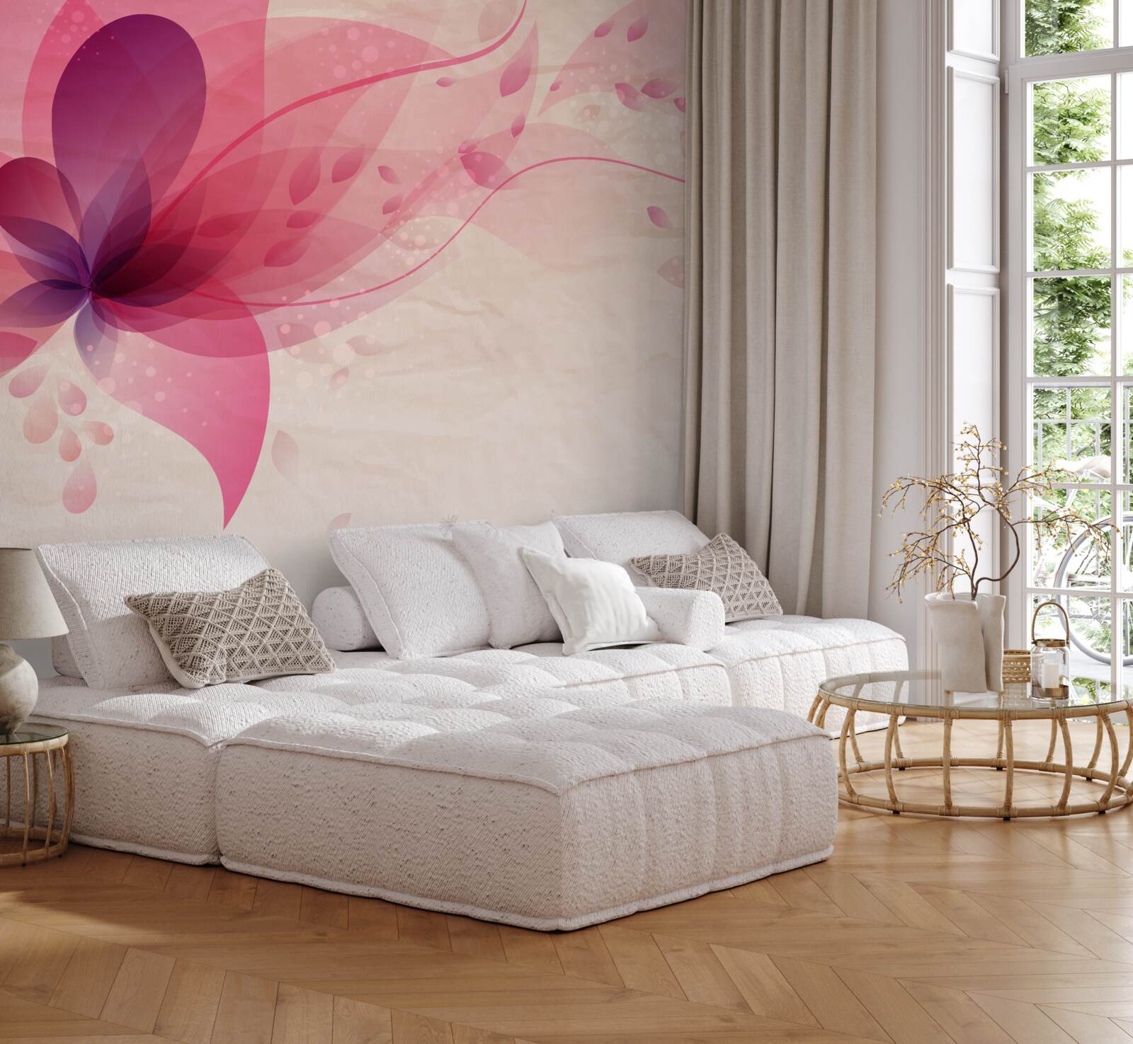 Papier peint abstraction d'une fleur de lotus dans les tons rouges