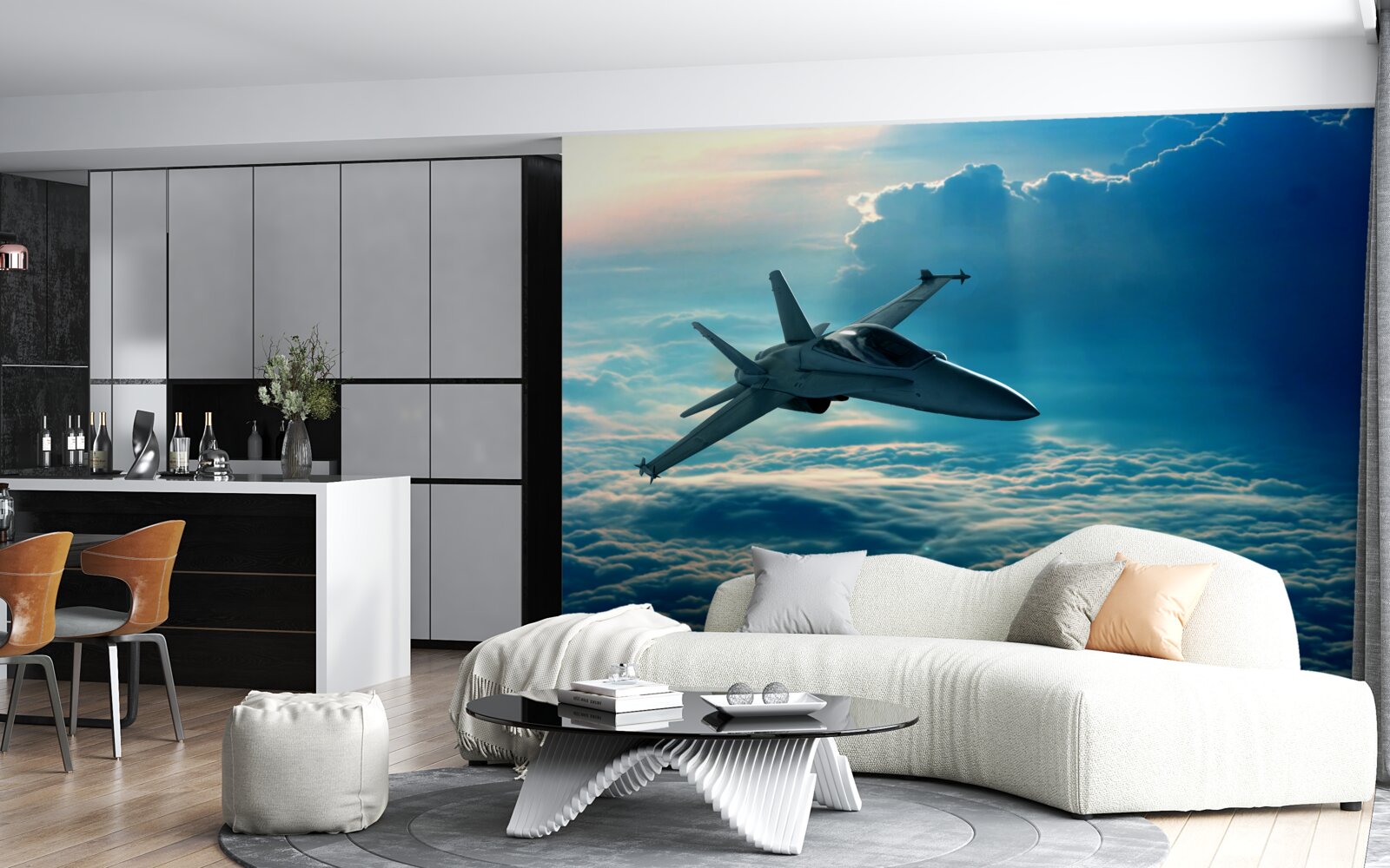 Papier peint avion de chasse traversant les nuages à toute vitesse