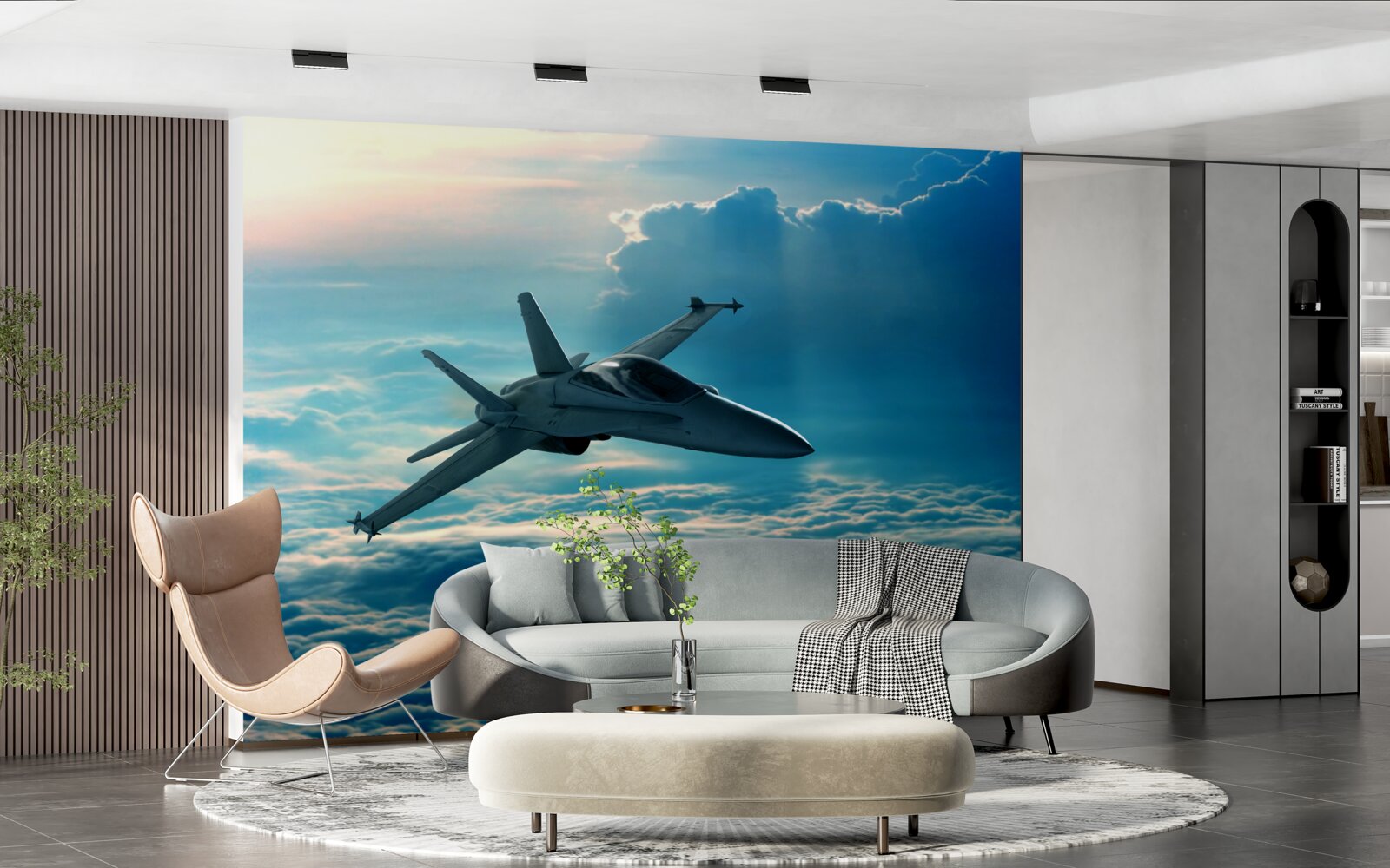 Papier peint avion de chasse traversant les nuages à toute vitesse