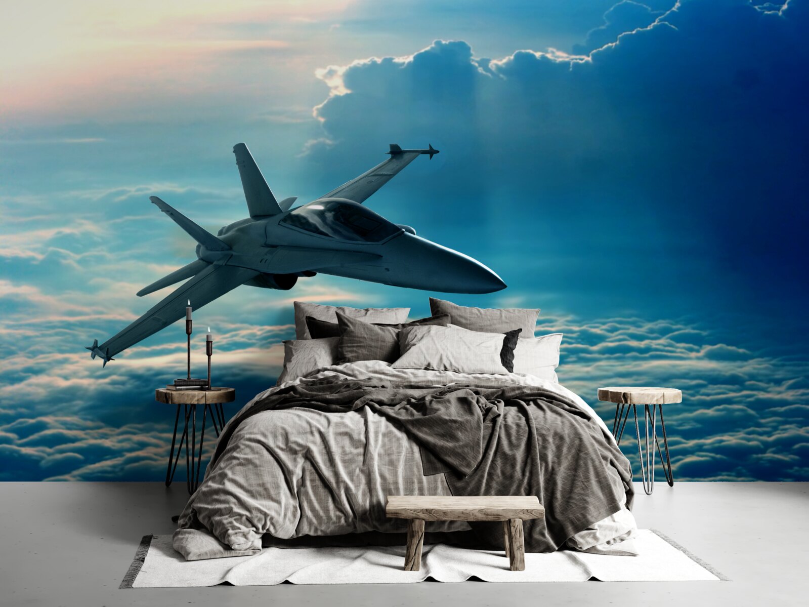 Papier peint avion de chasse traversant les nuages à toute vitesse