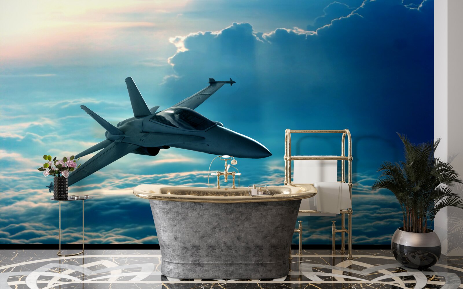 Papier peint avion de chasse traversant les nuages à toute vitesse