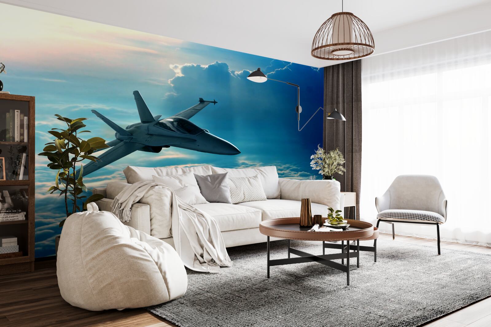 Papier peint avion de chasse traversant les nuages à toute vitesse