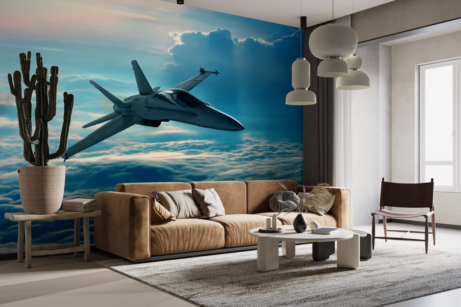 Papier peint avion de chasse traversant les nuages à toute vitesse